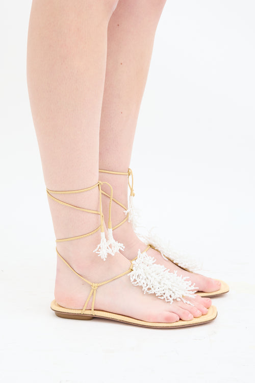 Altuzarra Beige 
White Beaded Fringe Sandal