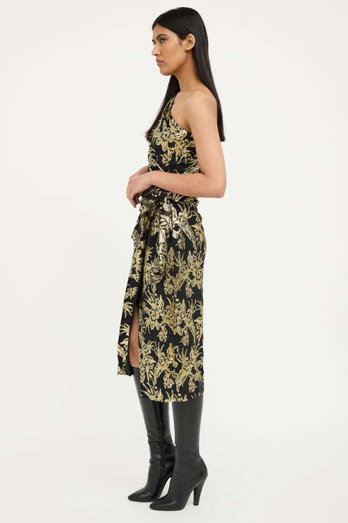 Altuzarra Black Metallic Floral One Shoulder Dress