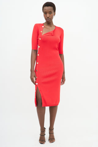 Red Asymmetrical Button Dress