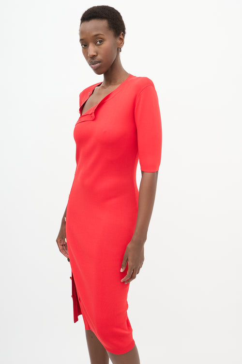 Red Asymmetrical Button Dress