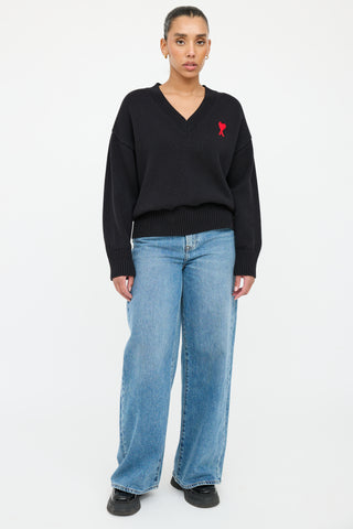 AMI Alexandre Mattiussi Black 
Red Knit Logo Sweater