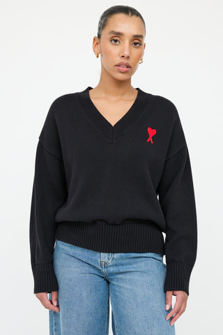 AMI Alexandre Mattiussi Black 
Red Knit Logo Sweater