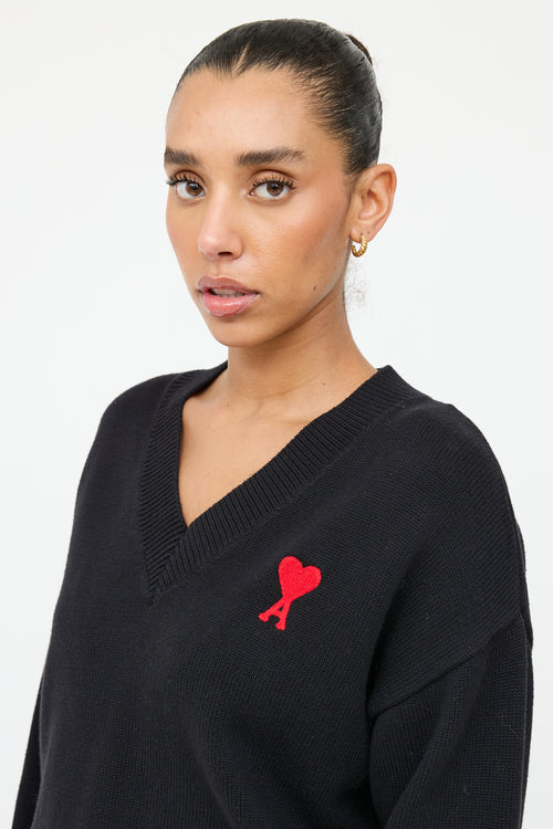 AMI Alexandre Mattiussi Black 
Red Knit Logo Sweater