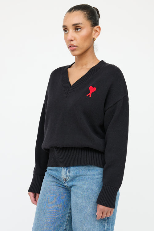 AMI Alexandre Mattiussi Black 
Red Knit Logo Sweater