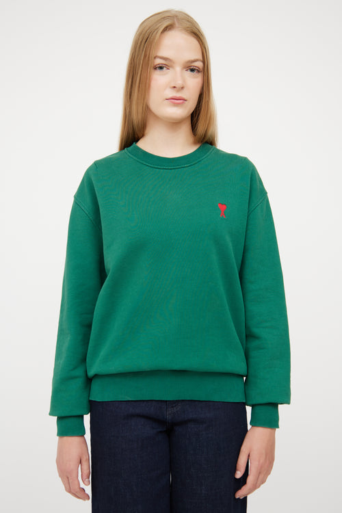 AMI Paris Green 
Red Logo Crew Neck Sweatshirt