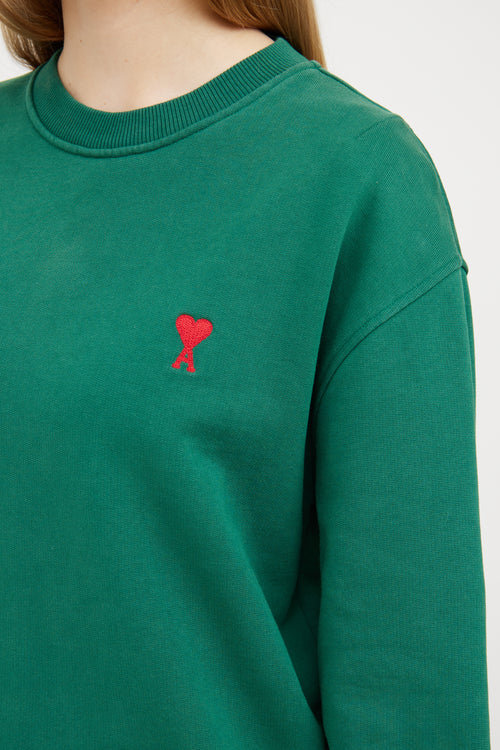 AMI Paris Green 
Red Logo Crew Neck Sweatshirt