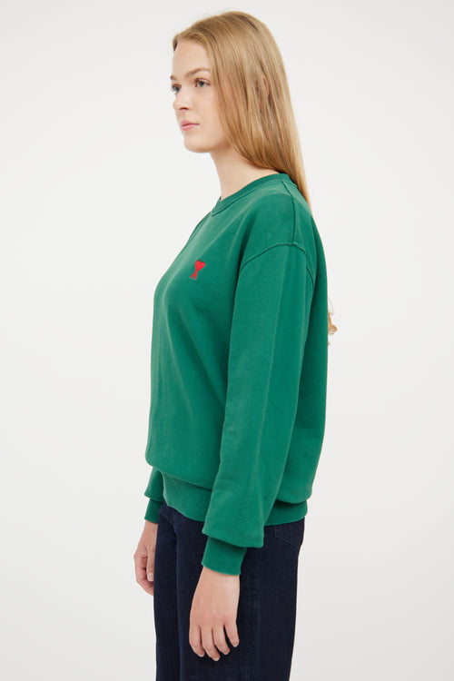 AMI Paris Green 
Red Logo Crew Neck Sweatshirt