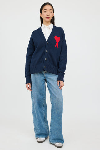 AMI Alexandre Mattiussi Navy 
Red Knit Heart Cardigan