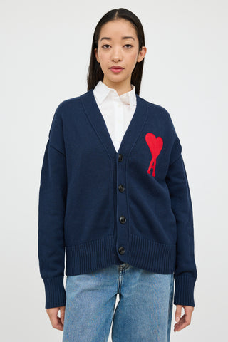 AMI Alexandre Mattiussi Navy 
Red Knit Heart Cardigan