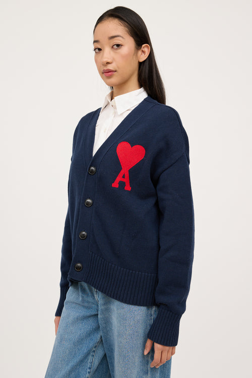 AMI Alexandre Mattiussi Navy 
Red Knit Heart Cardigan