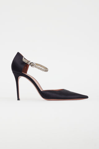 Amina Muaddi Black Satin Diamond Ankle Strap Pump