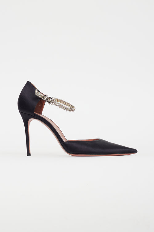 Amina Muaddi Black Satin Diamond Ankle Strap Pump