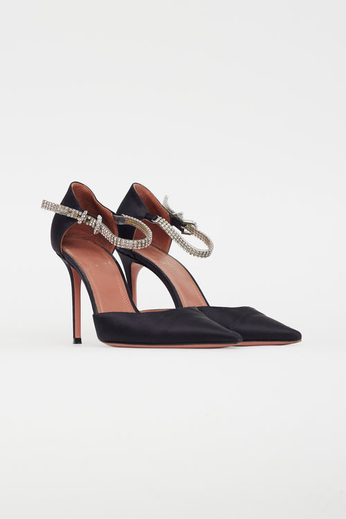 Amina Muaddi Black Satin Diamond Ankle Strap Pump