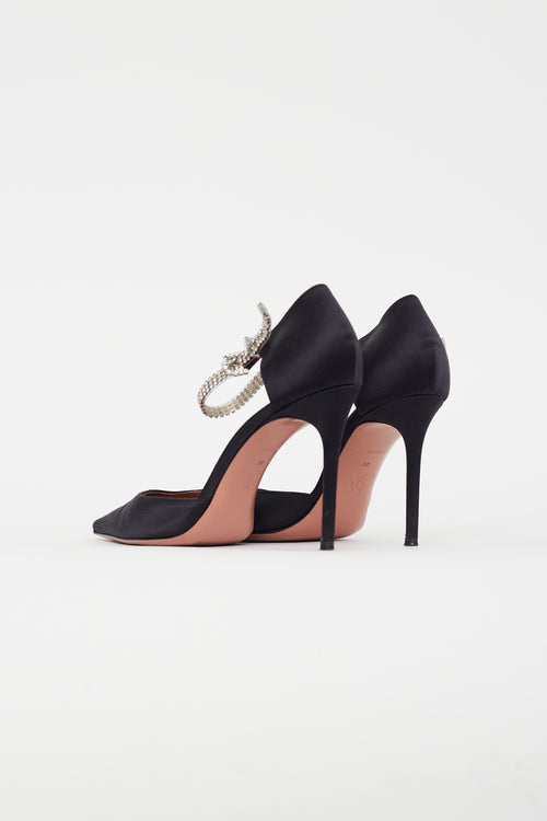 Amina Muaddi Black Satin Diamond Ankle Strap Pump