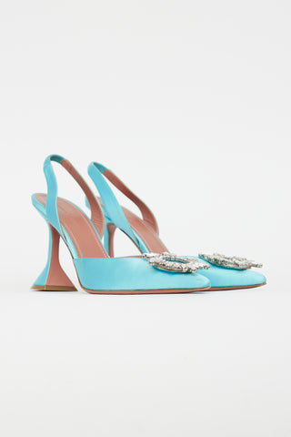 Amina Muaddi Blue Satin Crystal Embellishment Slingback Pump