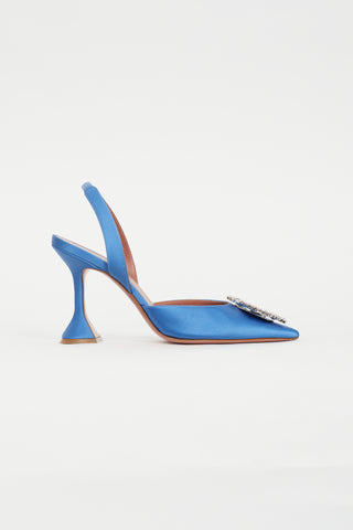 Amina Muaddi Blue Satin Crystal Bow Slingback Pump