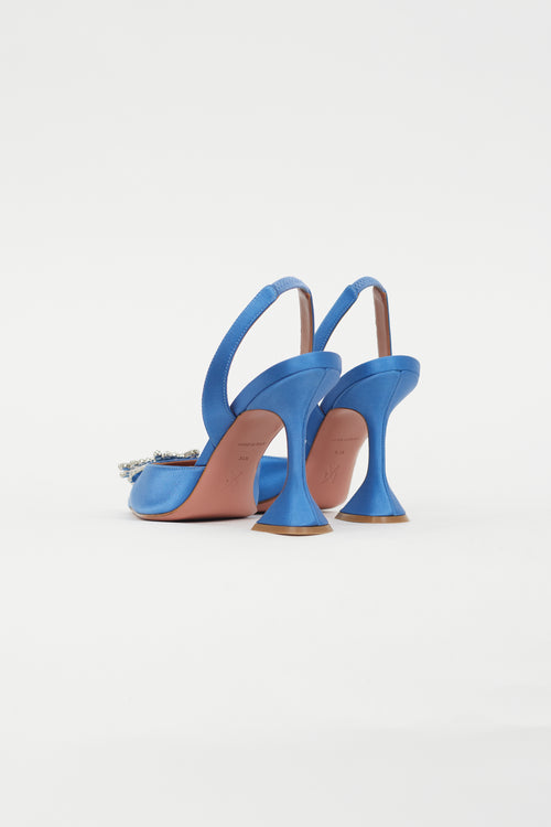 Amina Muaddi Blue Satin Crystal Bow Slingback Pump