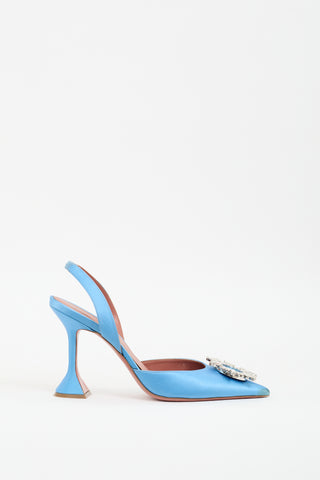 Amina Muaddi Blue Satin Begum Slingback Pump