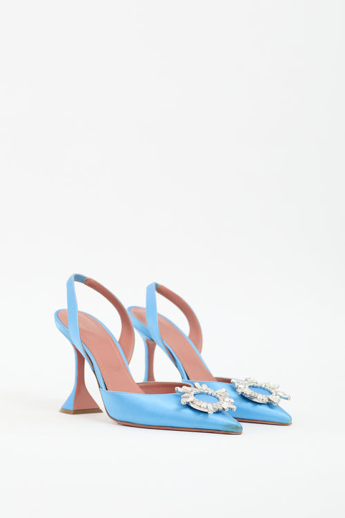 Amina Muaddi Blue Satin Begum Slingback Pump