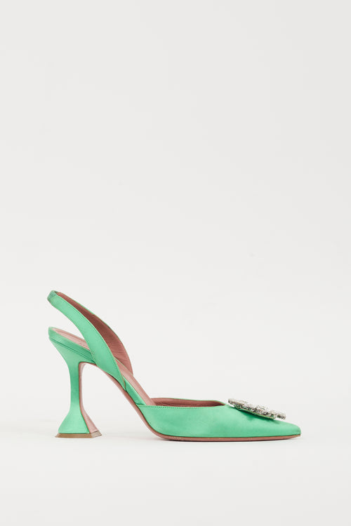 Amina Muaddi Green 
Silver Satin Begum Heel