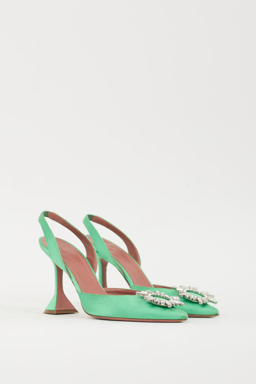 Amina Muaddi Green 
Silver Satin Begum Heel