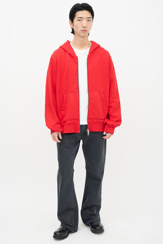 Amiri Red Distressed Zip Hoodie