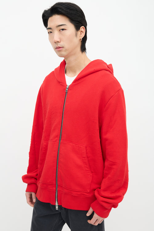 Amiri Red Distressed Zip Hoodie