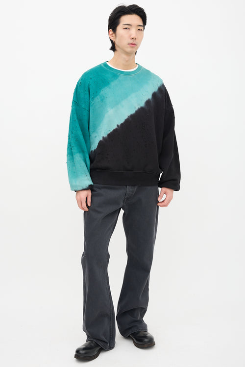 Amiri Teal Blue 
Black Dyed Distressed Crewneck