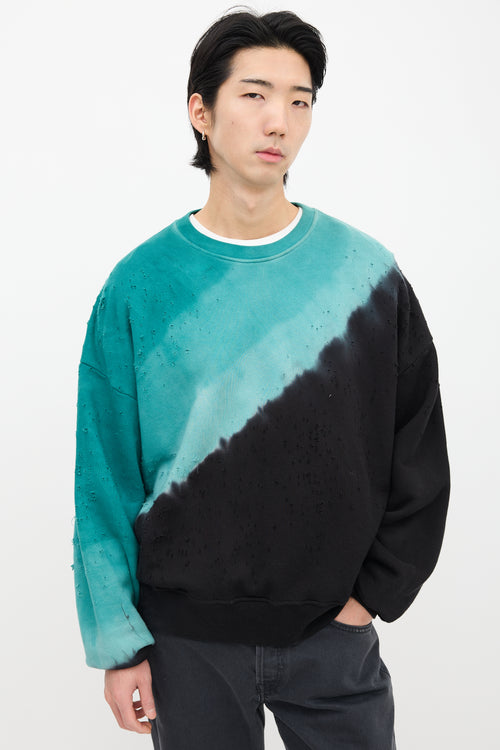 Amiri Teal Blue 
Black Dyed Distressed Crewneck