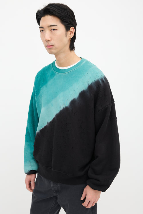 Amiri Teal Blue 
Black Dyed Distressed Crewneck