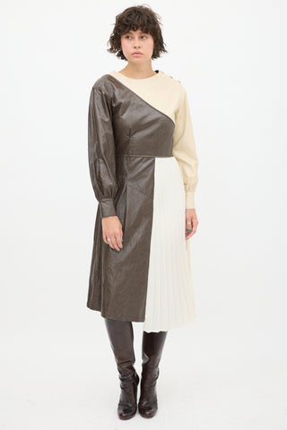 Andersson Bell Cream 
Brown Faux Leather Pleated Dress