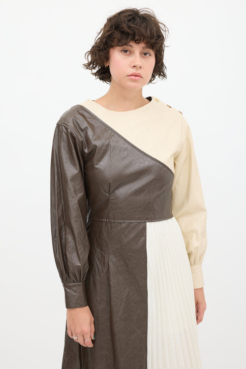 Andersson Bell Cream 
Brown Faux Leather Pleated Dress