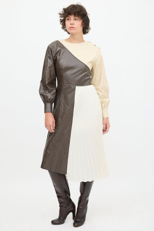 Andersson Bell Cream 
Brown Faux Leather Pleated Dress