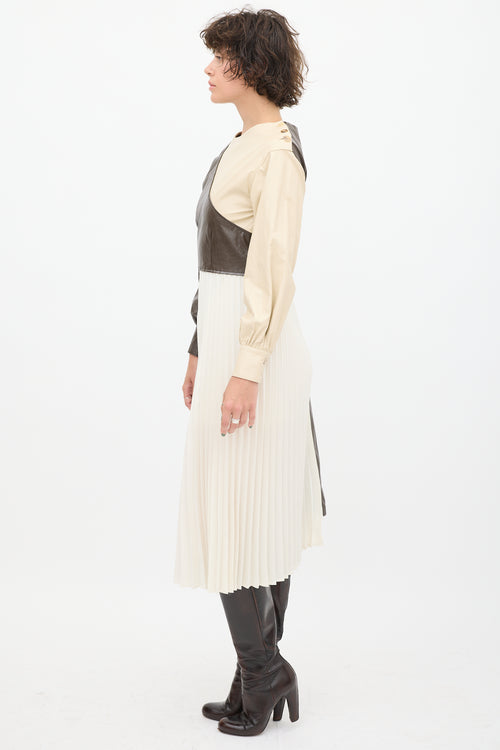 Andersson Bell Cream 
Brown Faux Leather Pleated Dress