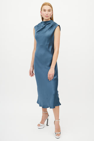 Anine Bing Blue Gathered Silk Dress