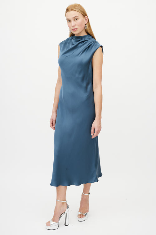 Anine Bing Blue Gathered Silk Dress