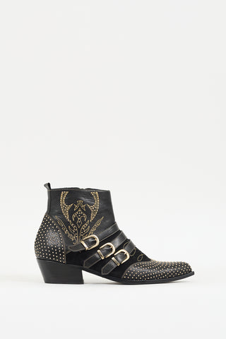 Anine Bing Black 
Gold Leather 
Suede Embellished Western Boot