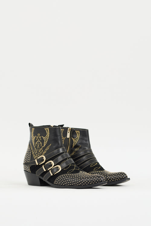 Anine Bing Black 
Gold Leather 
Suede Embellished Western Boot