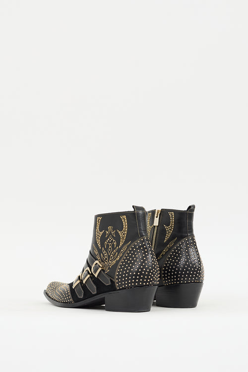 Anine Bing Black 
Gold Leather 
Suede Embellished Western Boot