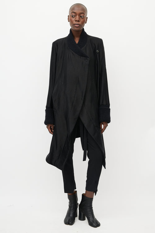 Ann Demeulemeester Black Satin 
Ribbed Asymmetrical Belted Coat