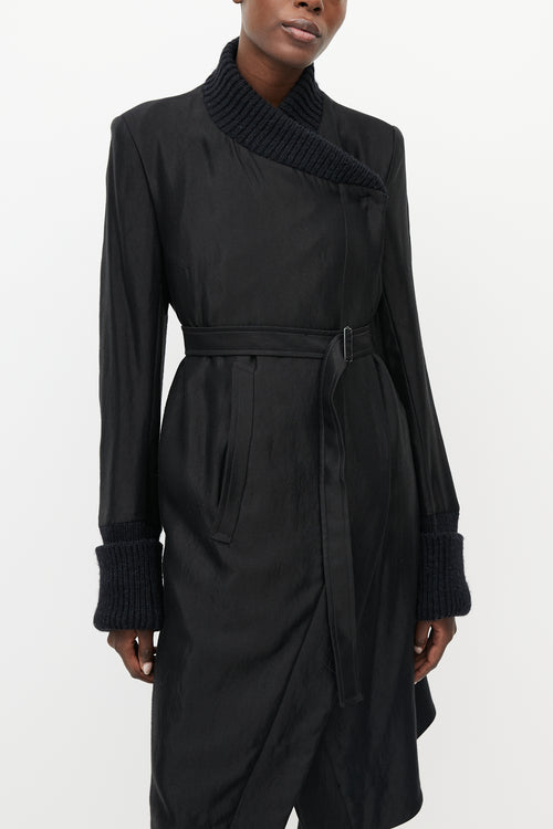 Ann Demeulemeester Black Satin 
Ribbed Asymmetrical Belted Coat