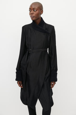 Ann Demeulemeester Black Satin 
Ribbed Asymmetrical Belted Coat