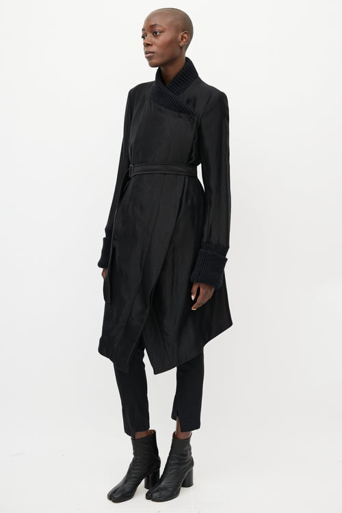 Ann Demeulemeester Black Satin 
Ribbed Asymmetrical Belted Coat