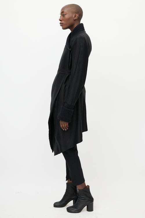 Ann Demeulemeester Black Satin 
Ribbed Asymmetrical Belted Coat