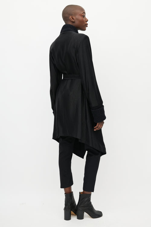 Ann Demeulemeester Black Satin 
Ribbed Asymmetrical Belted Coat