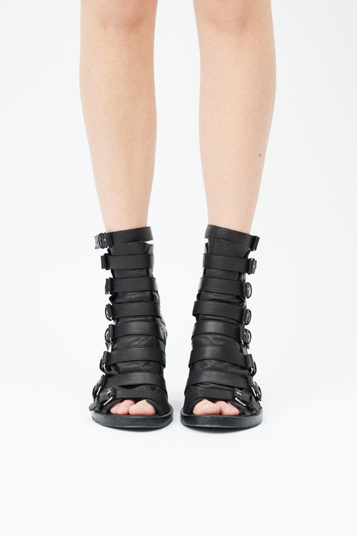  Black Strappy Leather Peep Toe Boot