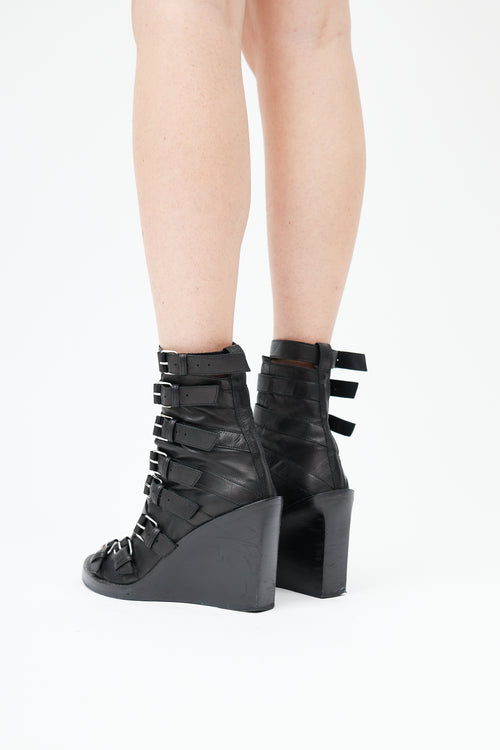  Black Strappy Leather Peep Toe Boot