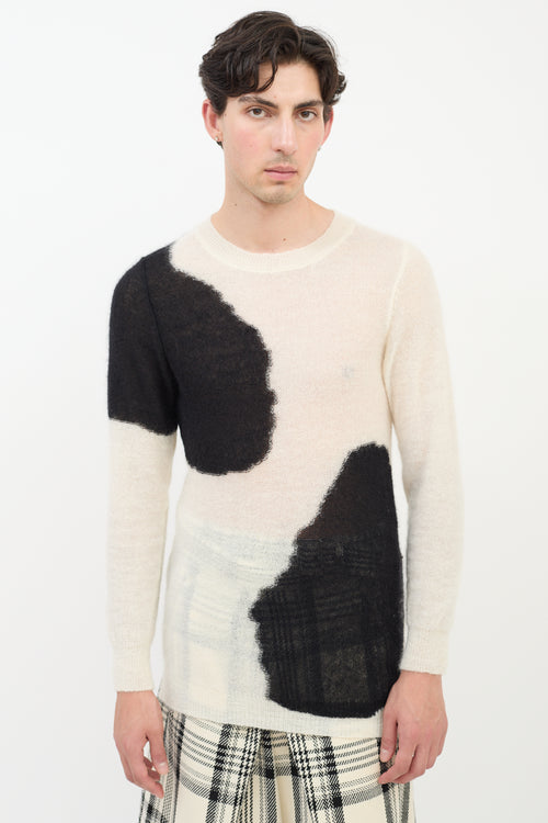 Ann Demeulemeester White 
Black Mohair Intarsia Round Neck Sweater