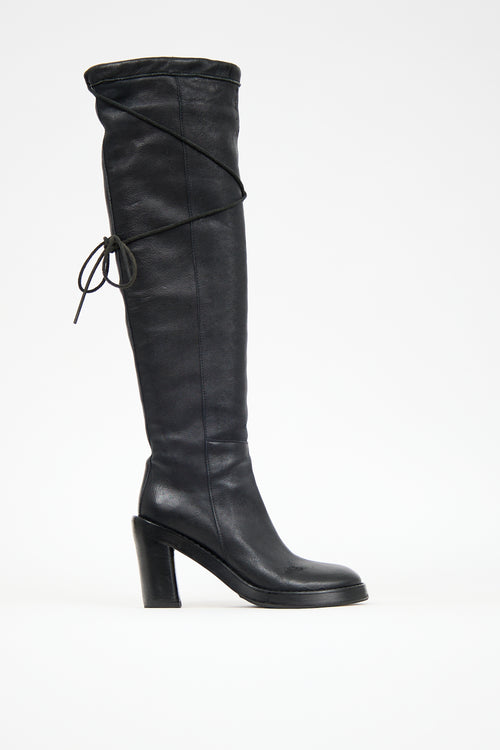 Ann Demeulemeester Black Leather Knee High Tie Boot