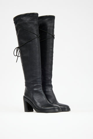 Ann Demeulemeester Black Leather Knee High Tie Boot